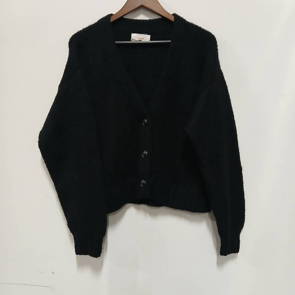 Xirena womens large wool baby alpaca cardigan sweater black slouchy soft boxy